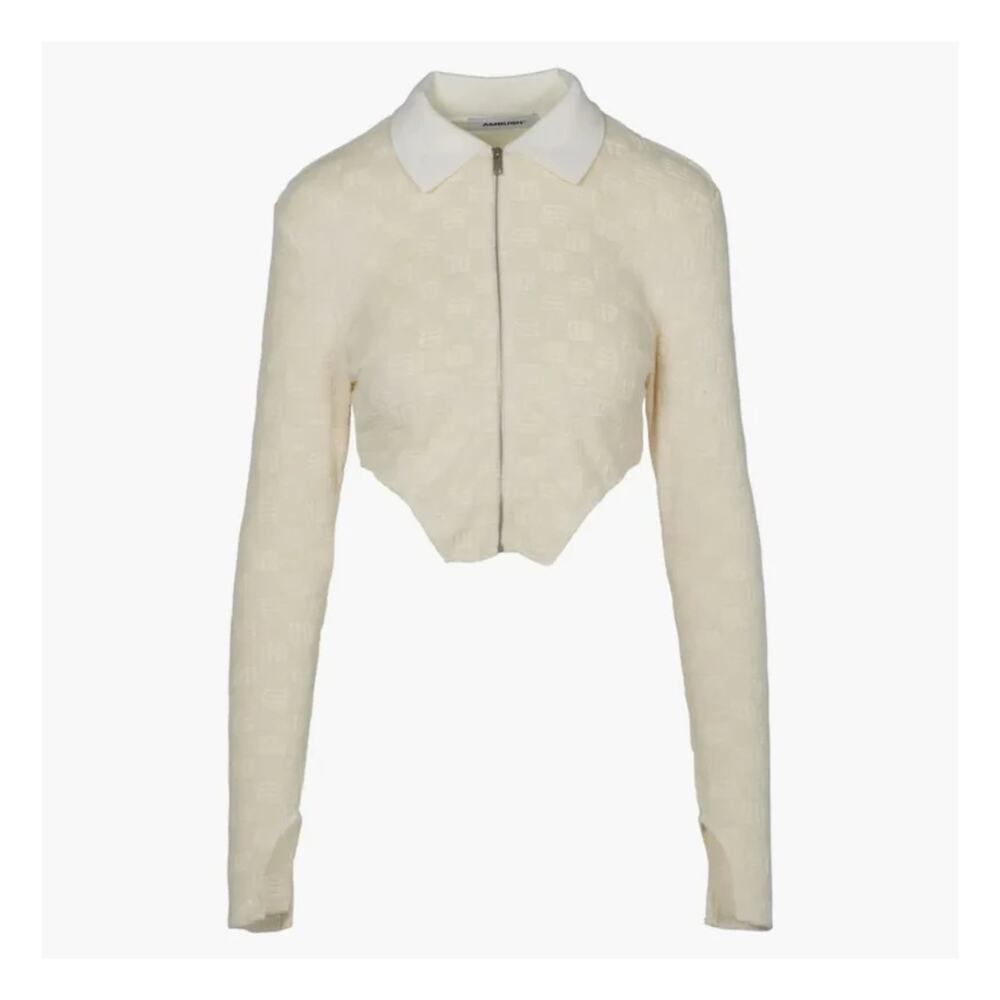 Ambush Monogram Jacquard Cotton Zip Up Fitted Cropped Jacket Cream Womens XS